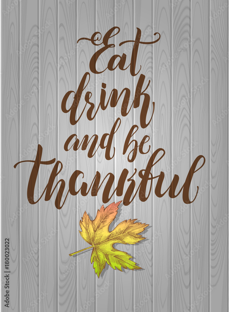 Wall mural Thanksgiving Background. Greeting card with Ink hand drawn pumpkins and maple leaves. Autumn harvest elements composition with brush calligraphy style lettering. Vector illustration.