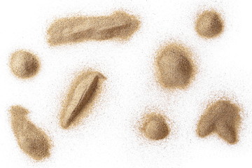 Pile desert sand isolated on white background, top view