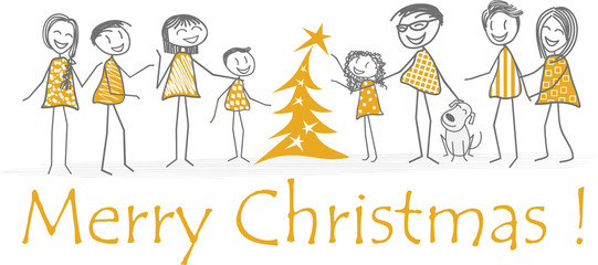 Un enfant décore le sapin de Noël aidé de sa famille et d'amis