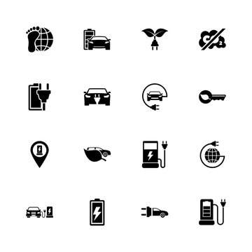 Electro Car icons - Expand to any size - Change to any colour. Flat Vector Icons - Black Illustration on White Background.