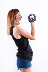 Screaming woman lifting weight