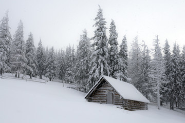 Fantastic landscape with snowy house