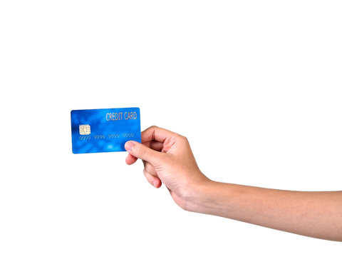 Blurred image, shopping concept with woman hand holding credit card on white background