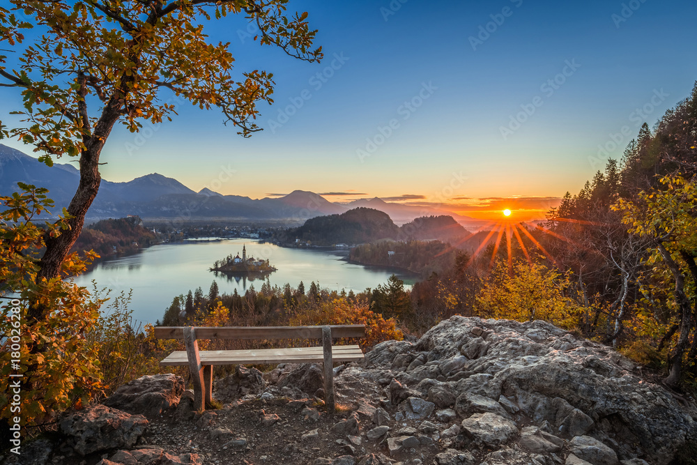 Wall mural bled, slovenia - beautiful panoramic skyline autumn view with hilltop bench and tree and colorful su - Wall murals
