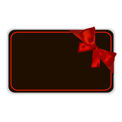 Black empty gift card template with red ribbon and a bow, isolated on white background, vector illustration.