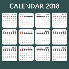 Calendar 2018 year in simple style. Calendar planner design template. Week starts on Sunday. Business vector illustration.