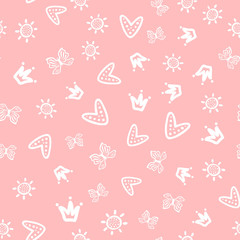 Fototapeta na wymiar Sun, butterflies, hearts and crowns drawn by hand. Cute girly seamless pattern. Sketch, doodle. White outlines on pink background.