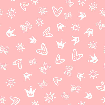 Sun, butterflies, hearts and crowns drawn by hand. Cute girly seamless pattern. Sketch, doodle. White outlines on pink background.