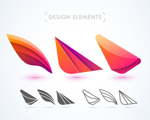 Vector abstract origami airplane wings. Logo elements. Material design, flat, line-art style
