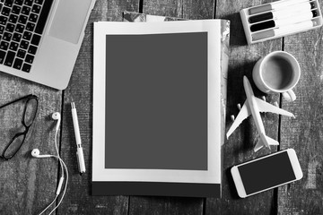 Blank open book, brochure or magazine on vintage wooden table background