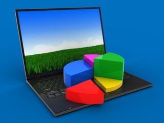 3d laptop computer and pie chart diagram