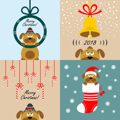 Collection of Christmas cards with cartoon dogs. Vector illustrations