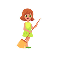 vector flat cartoon young housewife teen girl standing in green dress holding broom smiling sweeping floor. Isolated illustration on a white background. Child at home concept.