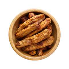 Wooden bowl with dried banana isolated on white.