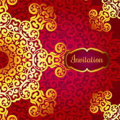 Rich gold invitation card in the Indian style. Bohemian Cards with mandalas. Royal red and gold ornament. Unique template for design or backdrop