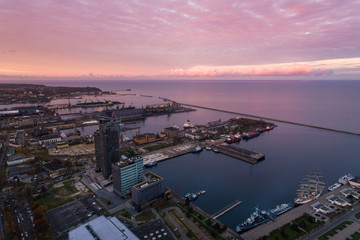Port of Gdynia at sunset, top view