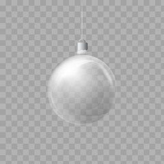 Fototapeta na wymiar Template of glass transparent Christmas ball. Stocking element christmas decorations. Transparent vector object for design, mock-up. Shiny toy with silver glow. Isolated object. Vector illustration.