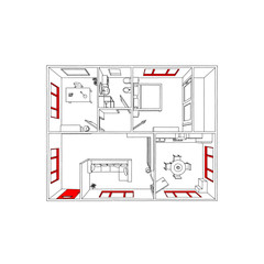 Sketch drawing of furnished home apartment with red windows