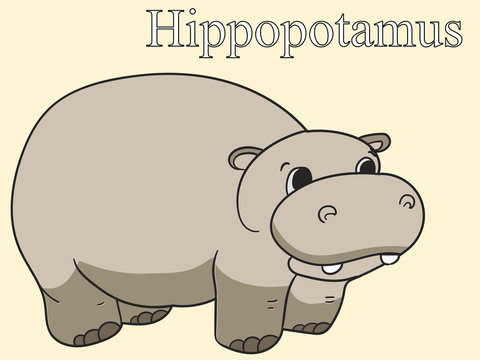 Learn the name of African animals. Inscription Hippopotamus. Educational game vector