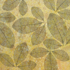 Brown and yellow artistic background with leaves drawn in pencil
