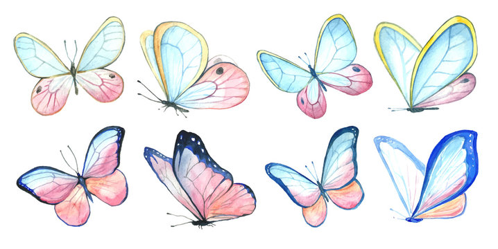 Collection watercolor of flying butterflies.