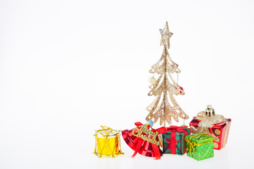 Gift boxes and decoration Christmas Day and New Year's isolated on a white surface.