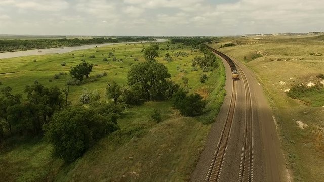 Coal Train Approaching Midwest Nebraska River Country Transportation