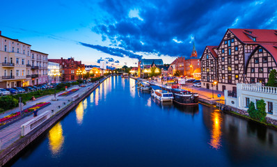 Old Town and granaries by the Brda River at night. Bydgoszcz. Poland
