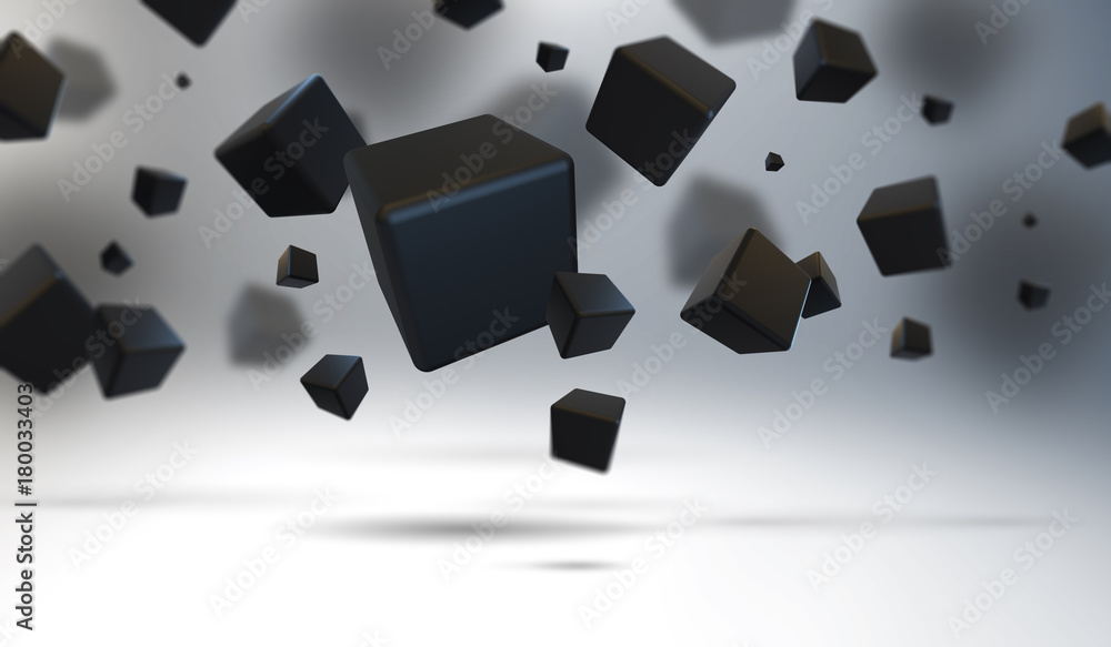 Poster abstract geometric shapes background. chaotic composition of cubes. 3d render picture.