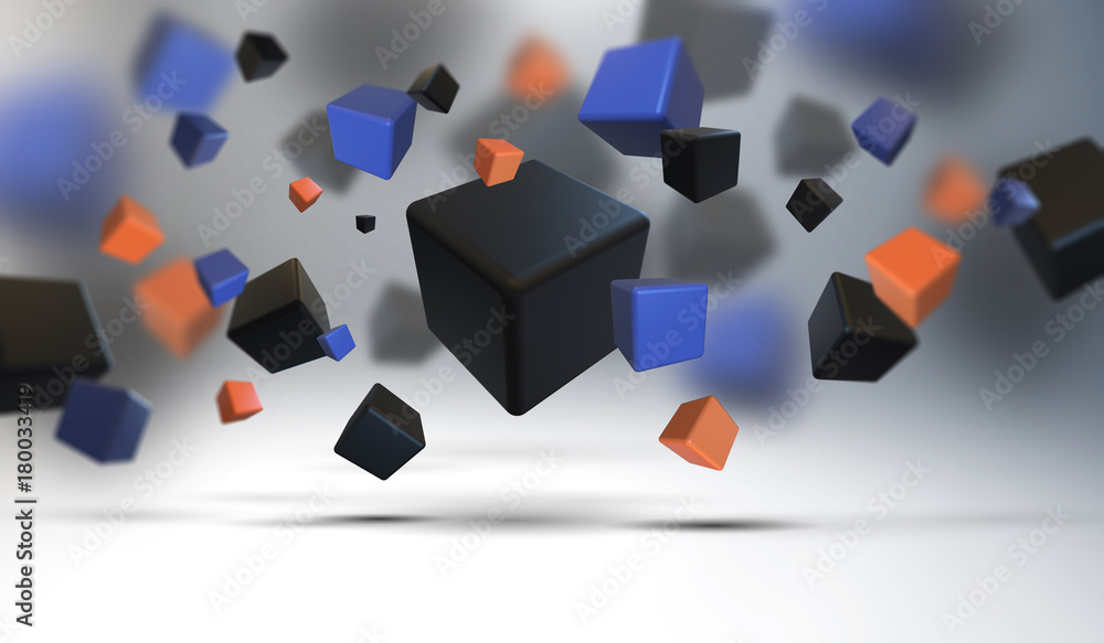 Poster abstract geometric shapes background. chaotic composition of cubes. 3d render picture.