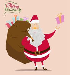 Santa claus vector on brown back ground.Santa claus with gift bag in christmas day.Christmas vintage card and happy new year.