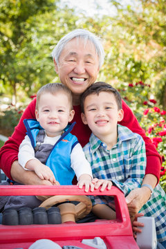 Happy Senior Adult Chinese Man Playing with His Mixed Race Grandchildren