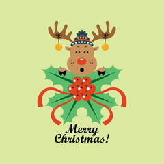 Christmas card. Cartoon reindeer and holly. Vector illustration