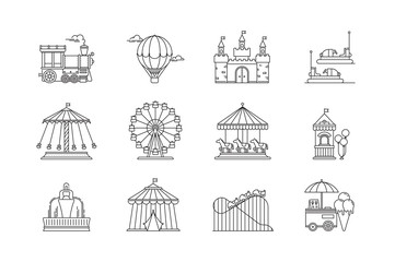 Set of linear park icons vector flat elements. Amusement park objects isolated on white background. Park with ferris wheel, circus, carousel, attractions. - obrazy, fototapety, plakaty