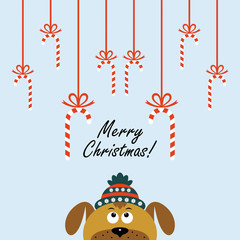 Christmas card with a cartoon dog. The new year 2018. Vector illustration