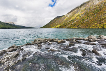 Lower Multinskoe lake. View from Shumi. Altai mountains autumn landscape.