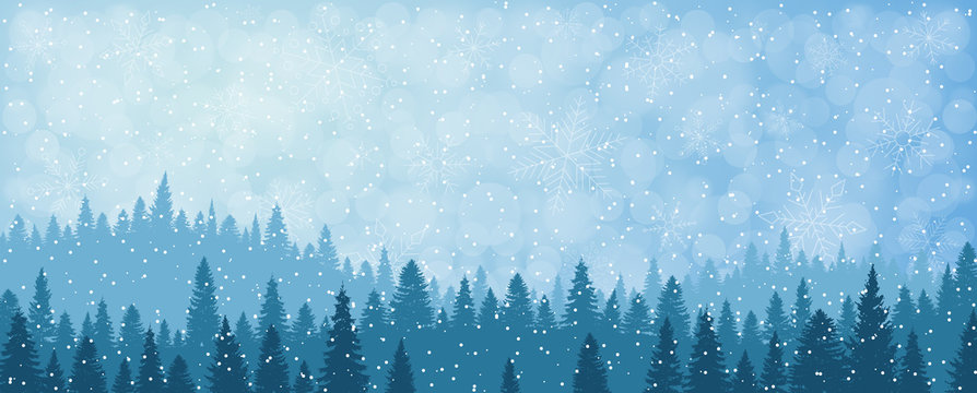 Winter background, snowy landscape with forest and snow