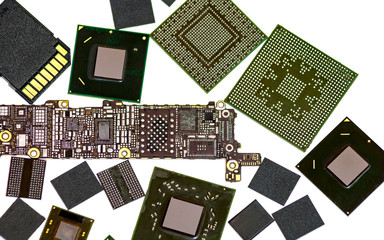 Сircuit board, processors and RAM chips isolated on white.