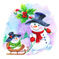 Watercolor Christmas illustration with snowmen. Painting greeting card