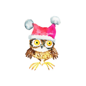Watercolor Christmas owl in hat. Painting cute cartoon character