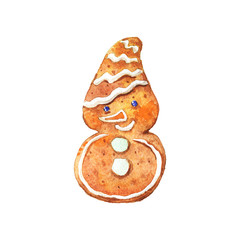 Hand drawn vintage gingerbread snowman. Watercolor Christmas illustration on white background