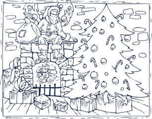 Coloring Book Christmas Tree, Fireplace and Gifts
