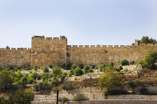 Famous Golden Gate in the walls of the Old City of Jerusalem , Israel