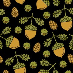 Seamless pattern with the acorns, pine cones, chestnut. Autumn pattern with the acorns, pine cones, chestnut	