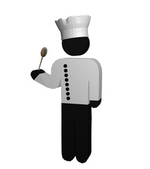 Figur eines Kochs in rot-weiß mit Kochjacke, Kochmütze und Kochlöffel