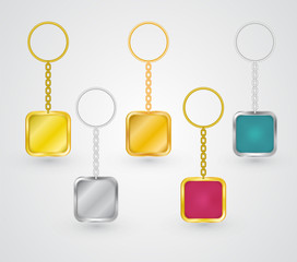 Realistic key chain holders, vector medal templates hanging on the ring. Silver, bronze and golden square mock up set for company branding, souvenirs with empty space for symbol or logo.