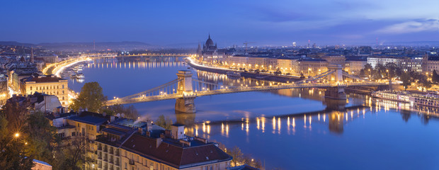 panorama of blue morning twilight in Budapest