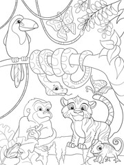 Jungle forest with animals cartoon raster illustration