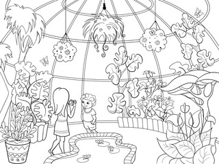 Botanical garden cartoon raster illustration
