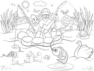Fototapeta na wymiar Fishing father and son on the river coloring for children cartoon raster illustration